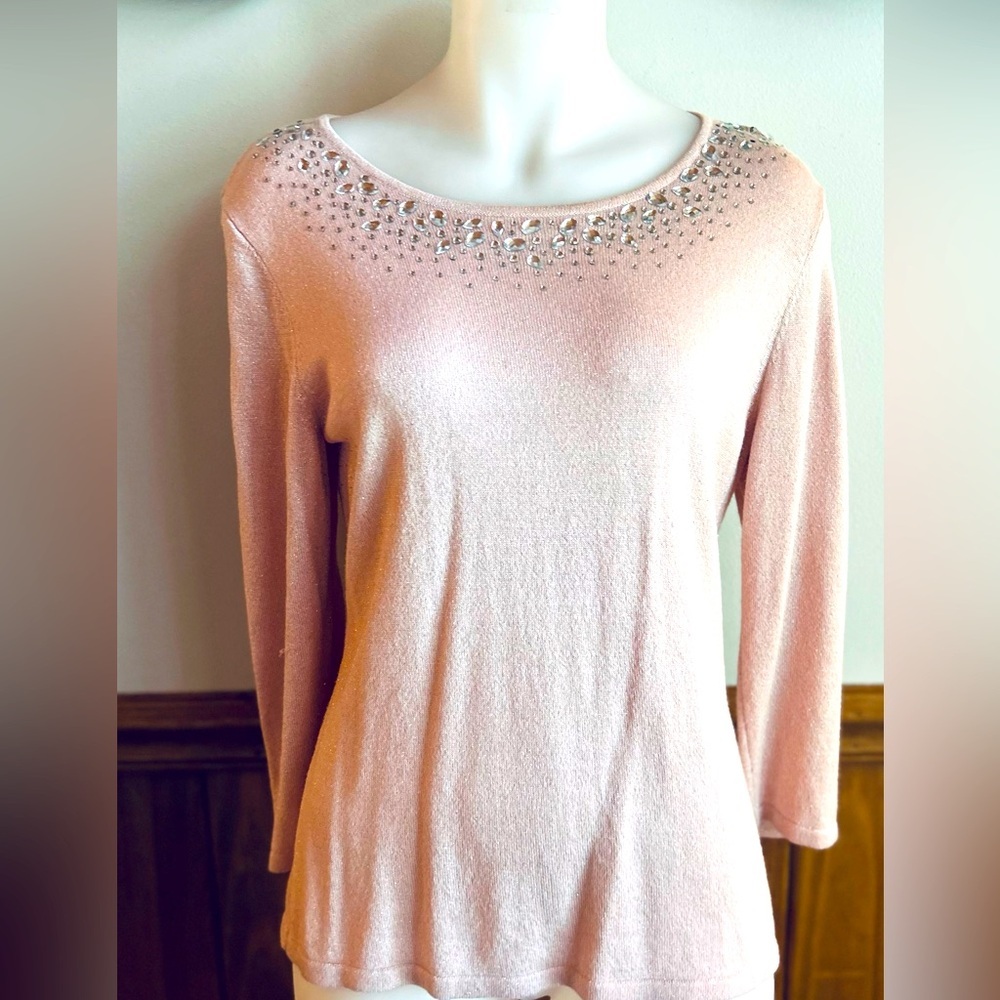 Ruby Rd. Rhinestone light pink with silver shimmer sz M, 3/4 sleeve sweater